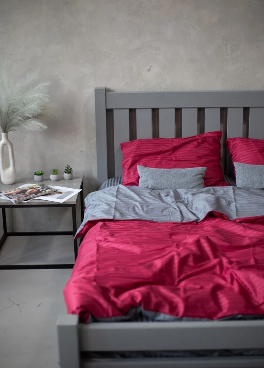 Комплект постільної білизни Satin Stripe Burgundy + Gray 100% бавовна 220х180 см No Brand (260476760)