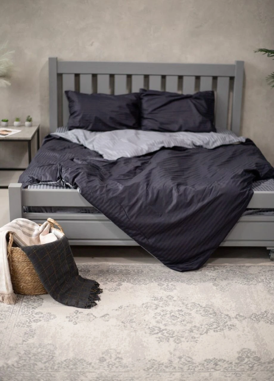 Комплект постільної білизни Satin Stripe Black + Gray 100% бавовна 220х180 см No Brand (260476790)