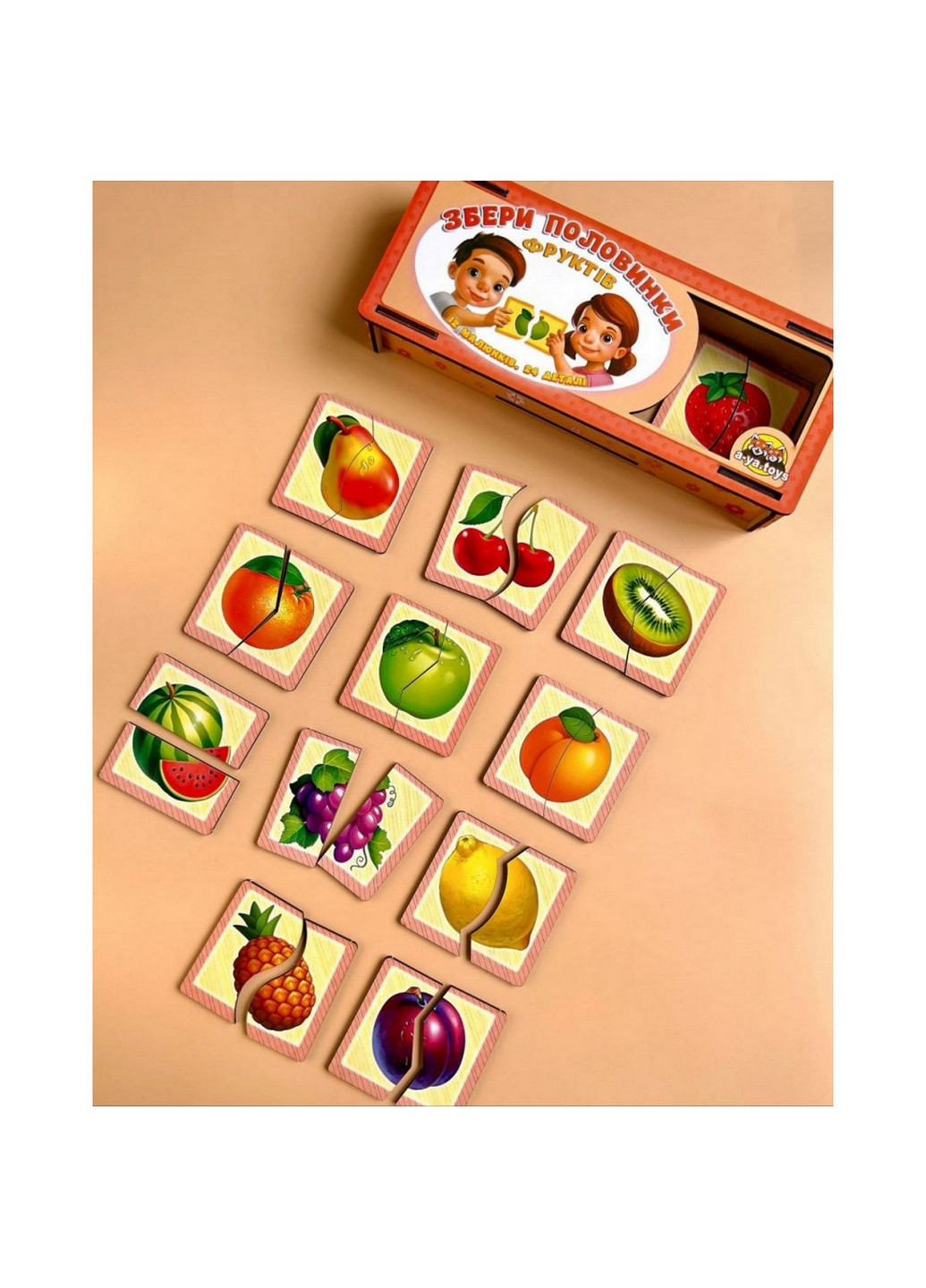 Настільна гра-пазл "Фрукти", що розвиває, 12 картинок-половин 4,5х25х9,5 см Ubumblebees (260498968)