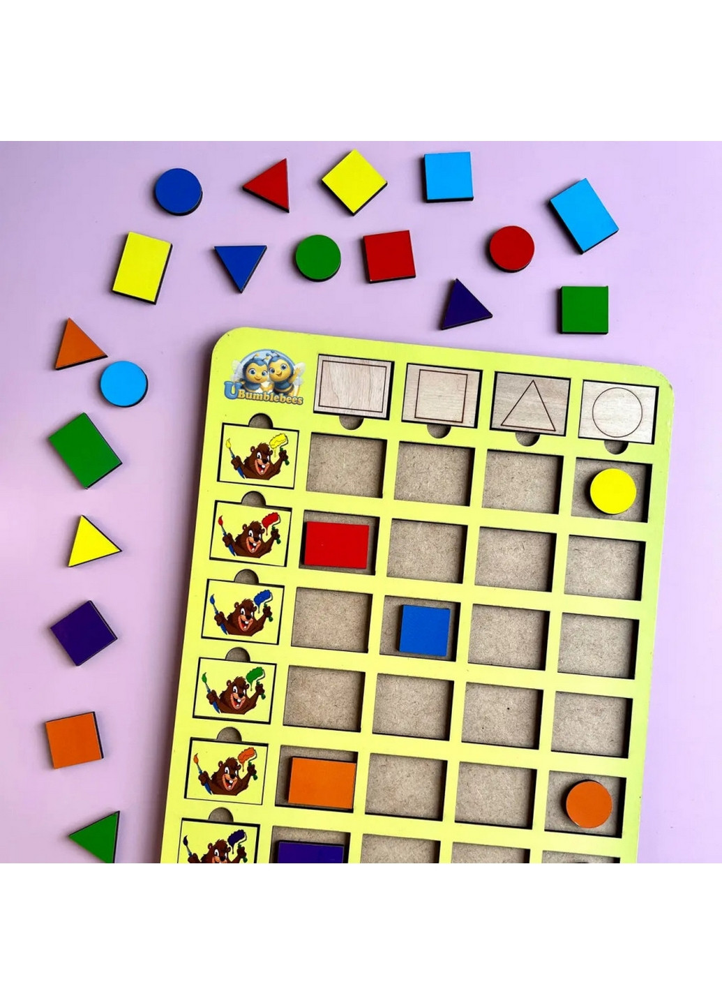 Деревянный пазл-вкладыш "Бобры-маляры – 2" геометрические фигуры 1х24х33 см Ubumblebees (260498970)