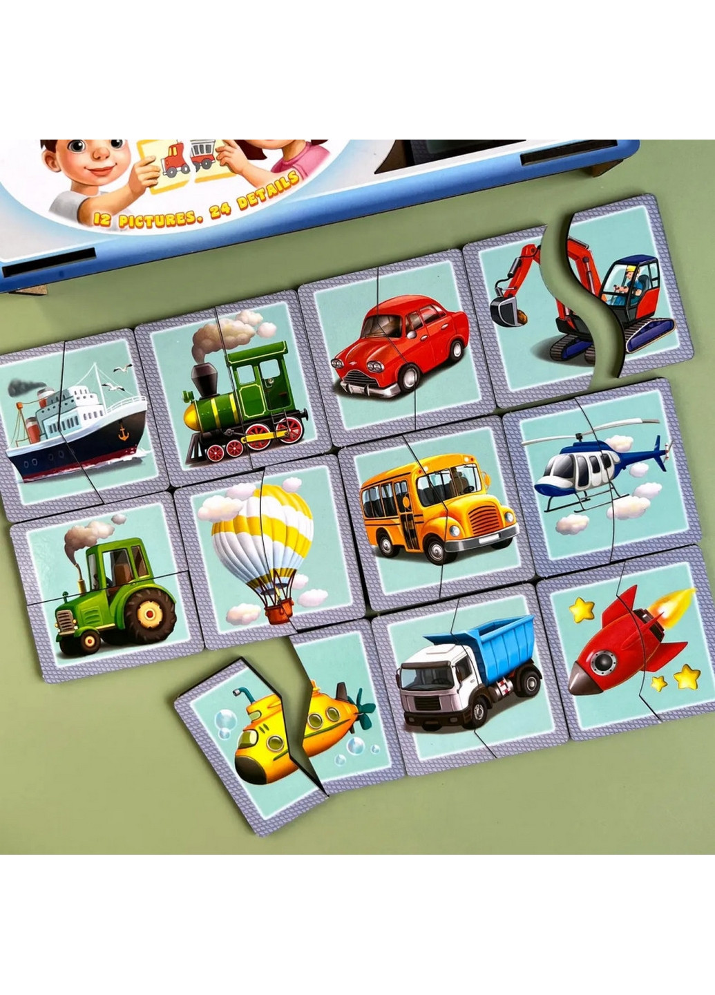 Настільна розвиваюча гра-пазл "Види транспорту", 12 картинок-половино 4,5х25х9,5 см Ubumblebees (260499811)