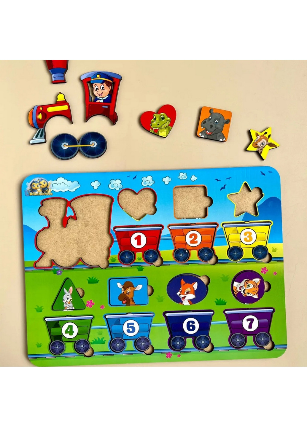 Деревянный пазл "Геометрические фигуры" сортер-паровоз 1х30х23 см Ubumblebees (260512790)