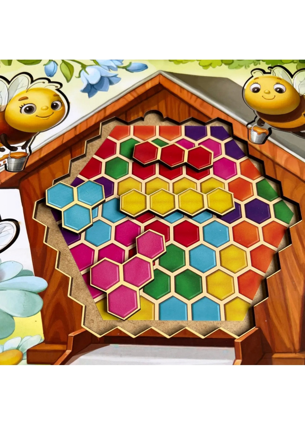 Дерев'яний пазл-вкладиш "Веселі бджілки" сортер-тетрис 1х31х23 см Ubumblebees (260513816)