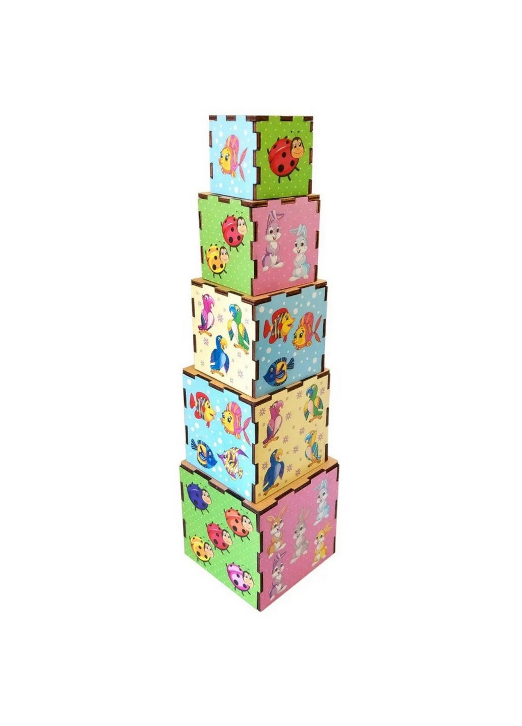 Дерев'яні кубики-пірамідка "Тварини", 5 кубиків 9х9х9 см Ubumblebees (260513811)