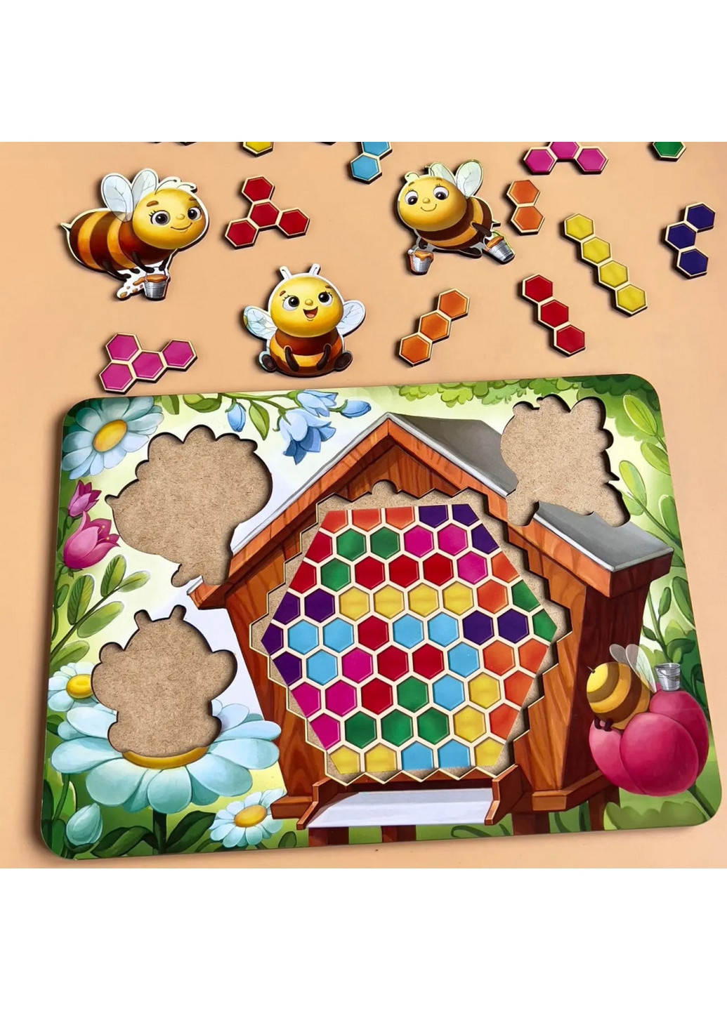 Деревянный пазл-вкладыш "Веселые пчелки" сортер-тетрис 1х31х23 см Ubumblebees (260531502)