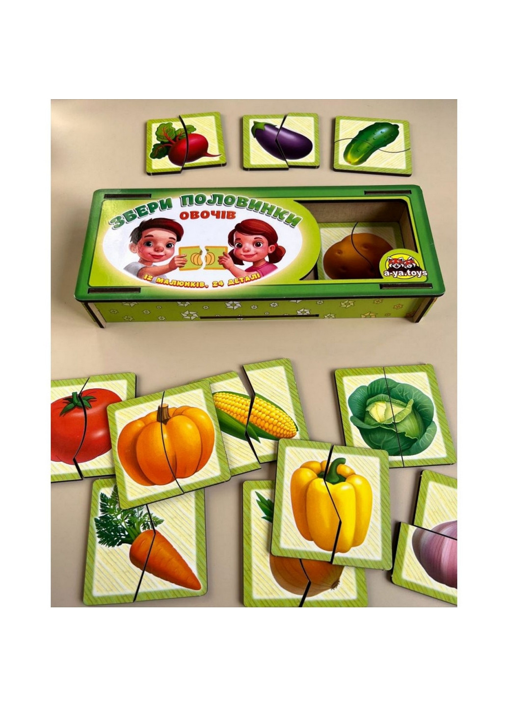 Настольная развивающая игра-пазл "Овощи", 12 картинок-половинок 4,5х25х9,5 см Ubumblebees (260532537)