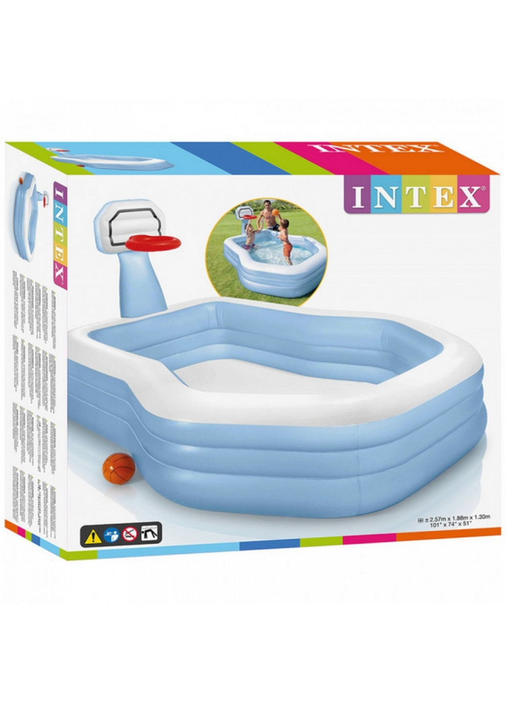 Детский надувной бассейн с баскетбольным кольцом 257х188х130 см Intex (260531738)