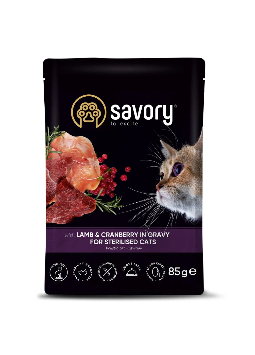 Пауч для стерилізованих котів, ягня з журавлиною у соусі, 85 г Savory (260567731)