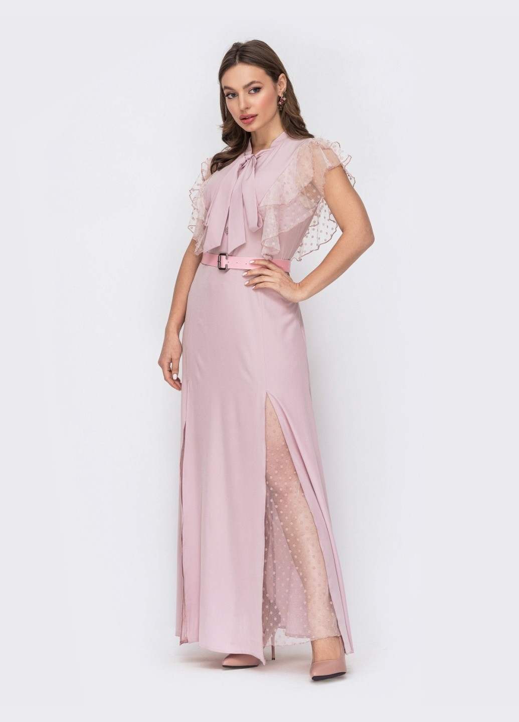 Розовое розовое платье с воротником-аскот и рукавом "крылышко" Dressa