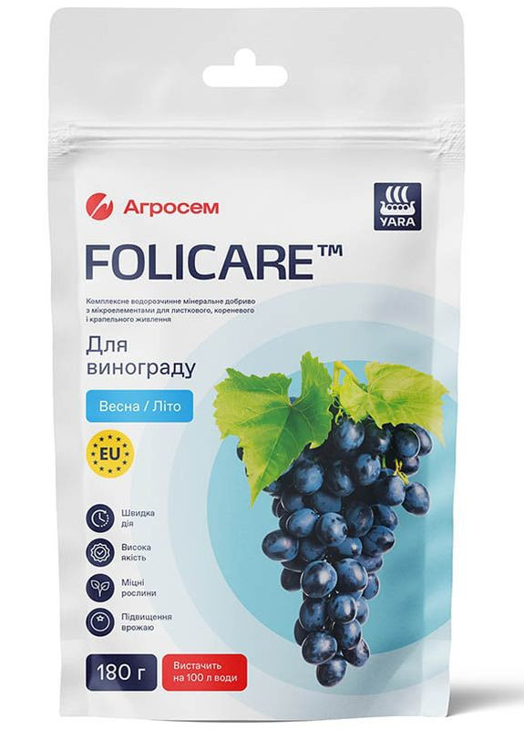 Удобрение для винограда весна-лето Folicare 180 г Yara (260644572)