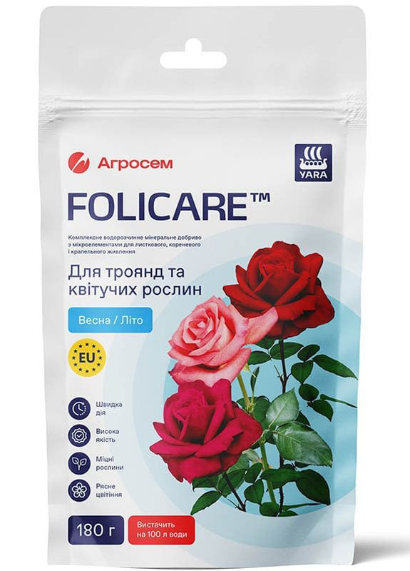 Удобрение для роз и цветущих растений весна-лето Folicare 180 г Yara (260644580)