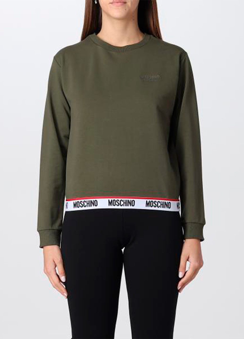 Женский оливковый свитер свитшот Underwear Moschino - Свободный, Прямой крой однотонный оливковый кэжуал хлопок, трикотаж - (260659961)