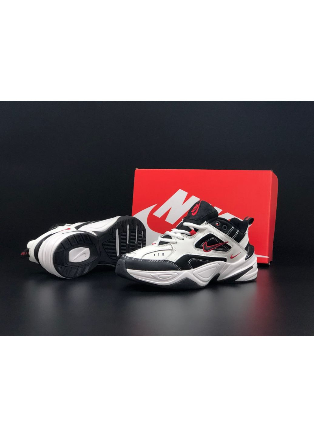 Черно-белые демисезонные мужские кроссовки белые с черным\красным «no name» Nike M2k Tekno