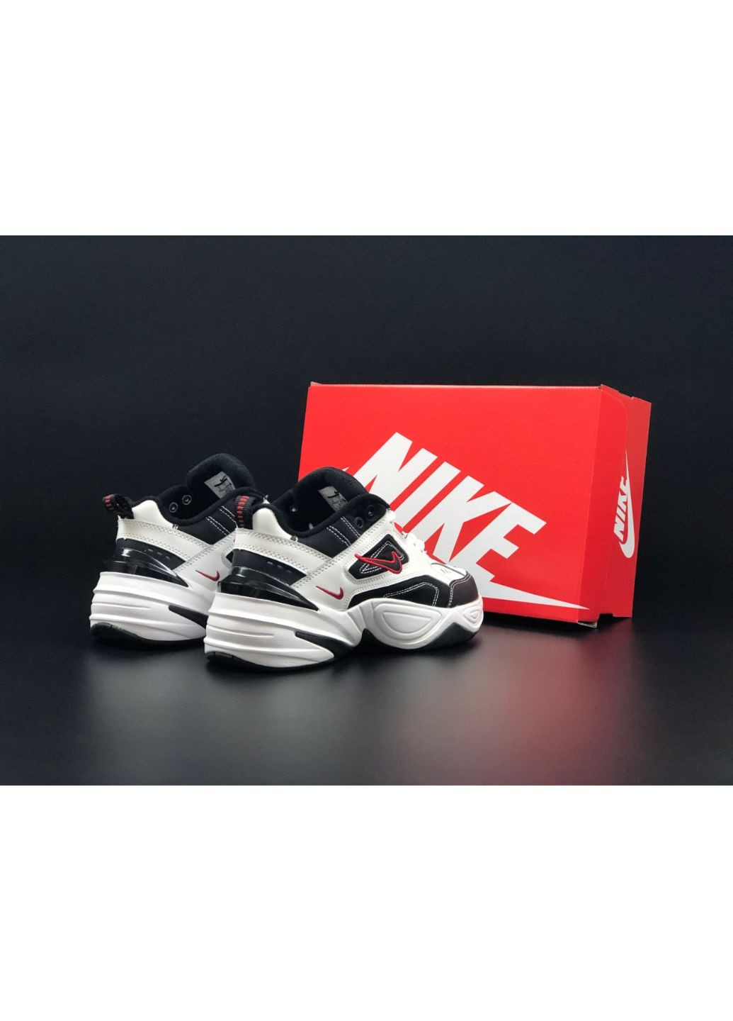 Черно-белые демисезонные мужские кроссовки белые с черным\красным «no name» Nike M2k Tekno