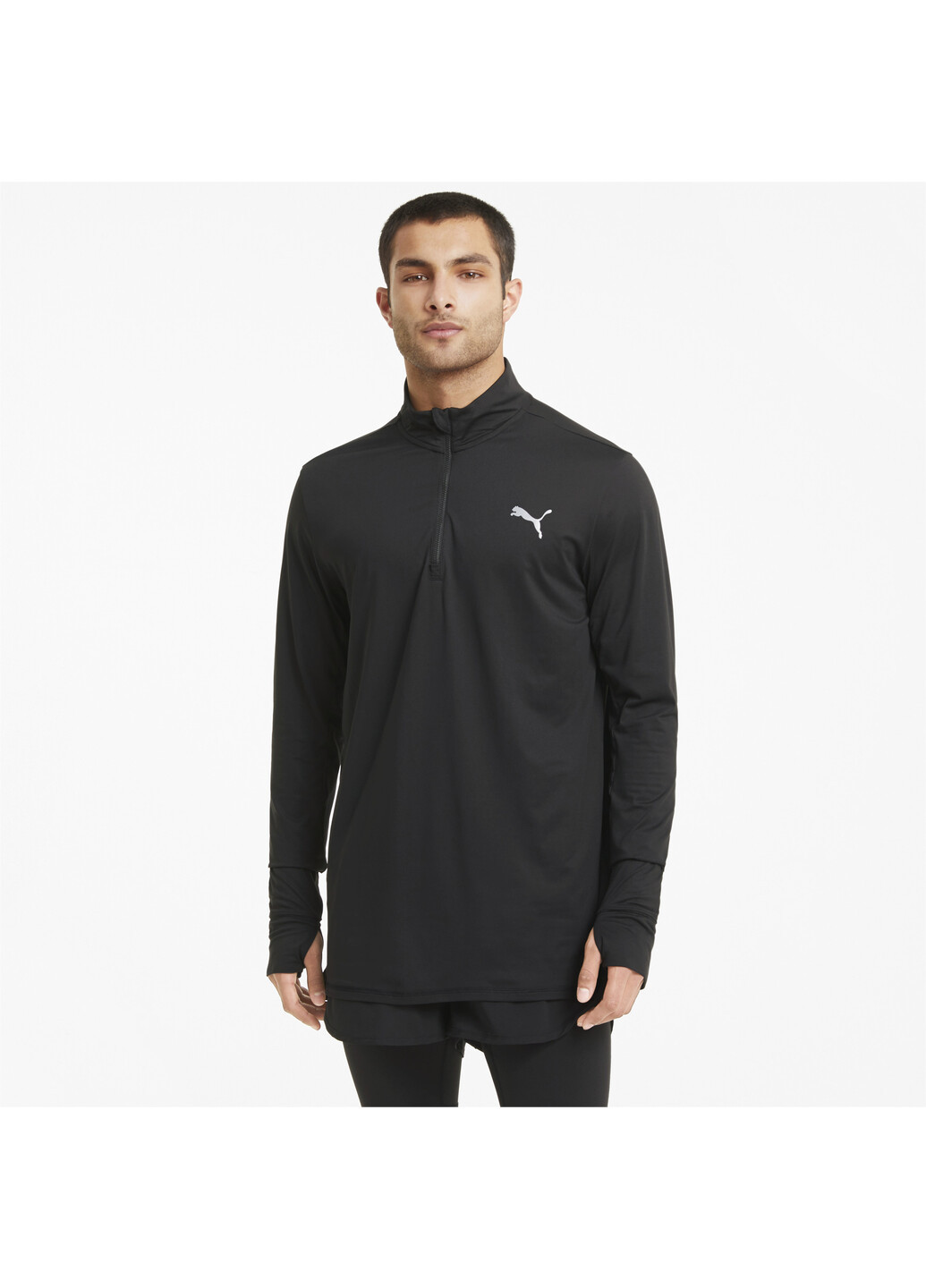 Лонгслів Favourite Quarter-Zip Men's Running Tee Puma однотонний чорний спортивні поліестер, еластан