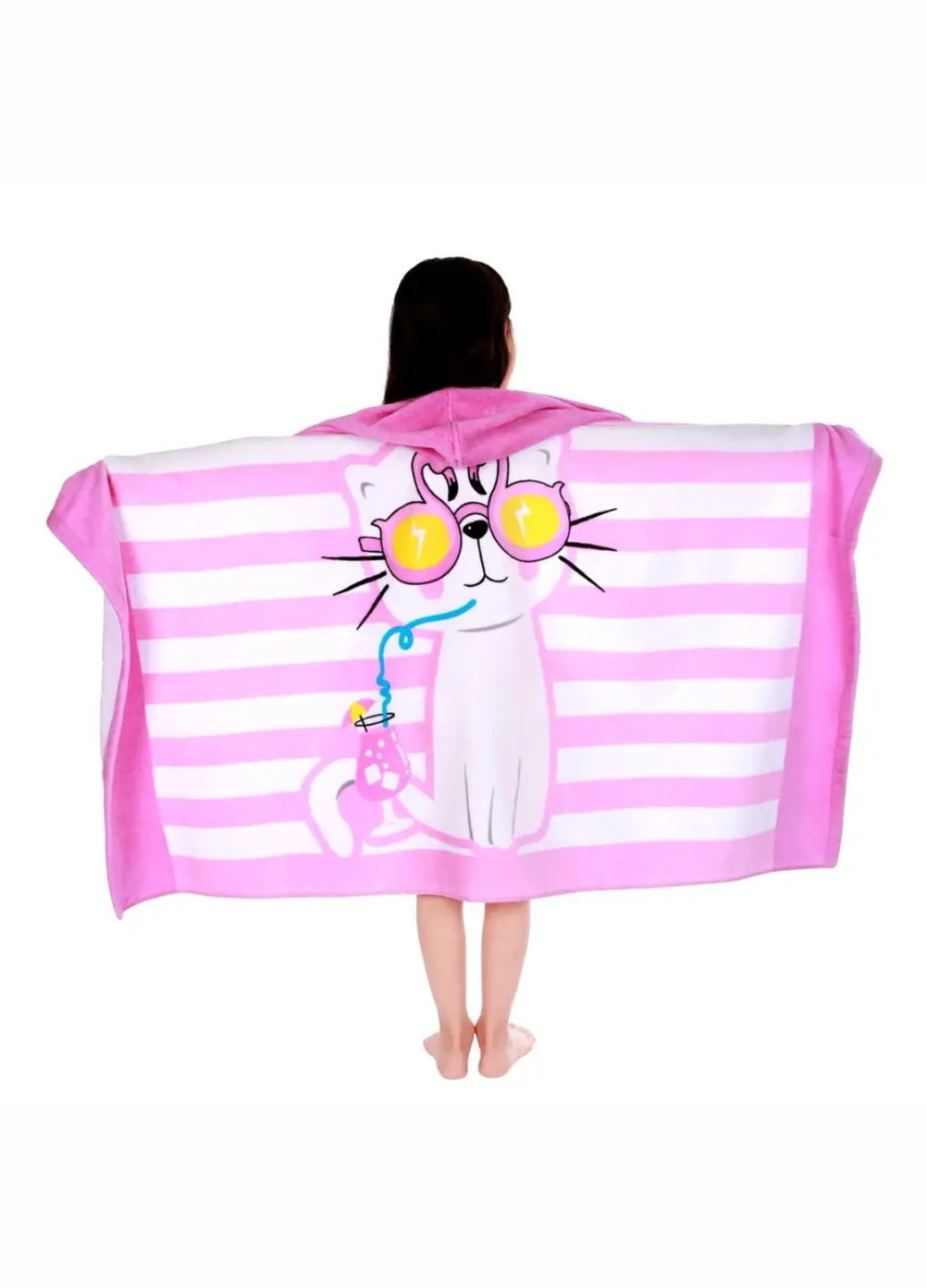 Lovely Svi дитячий рушник пончо – пляжний рушник з капюшоном ( махра 76 х127 см від 3-12 лет) в бассейн котик розовий смужка рожевий виробництво - Китай