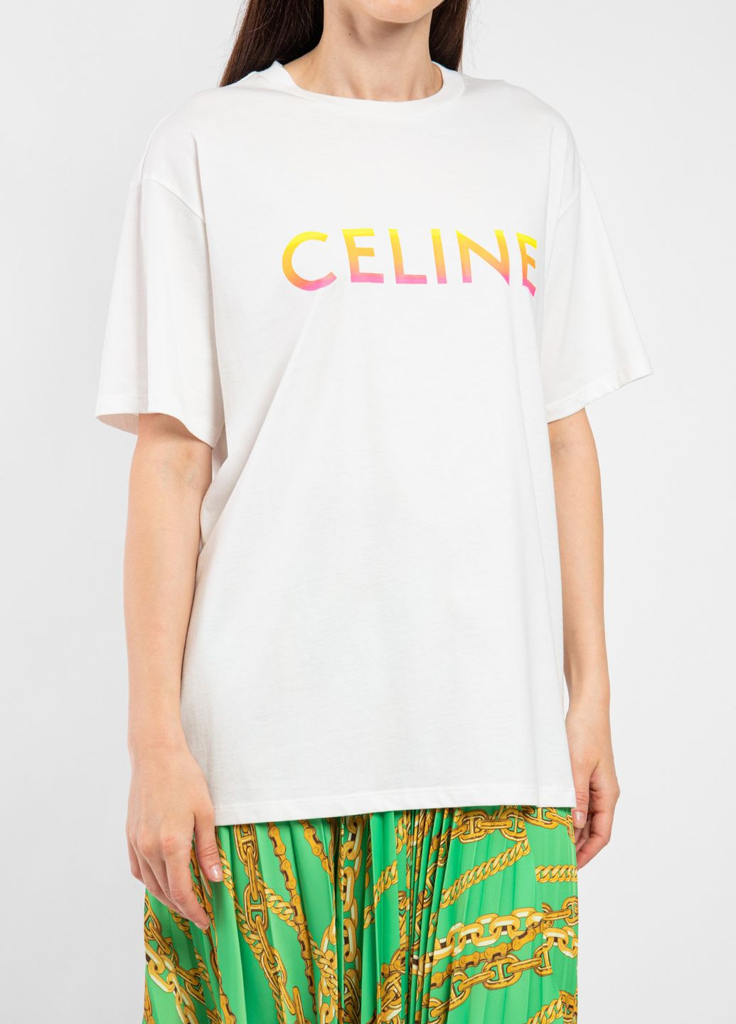 Белая летняя белая футболка oversize с логотипом Celine