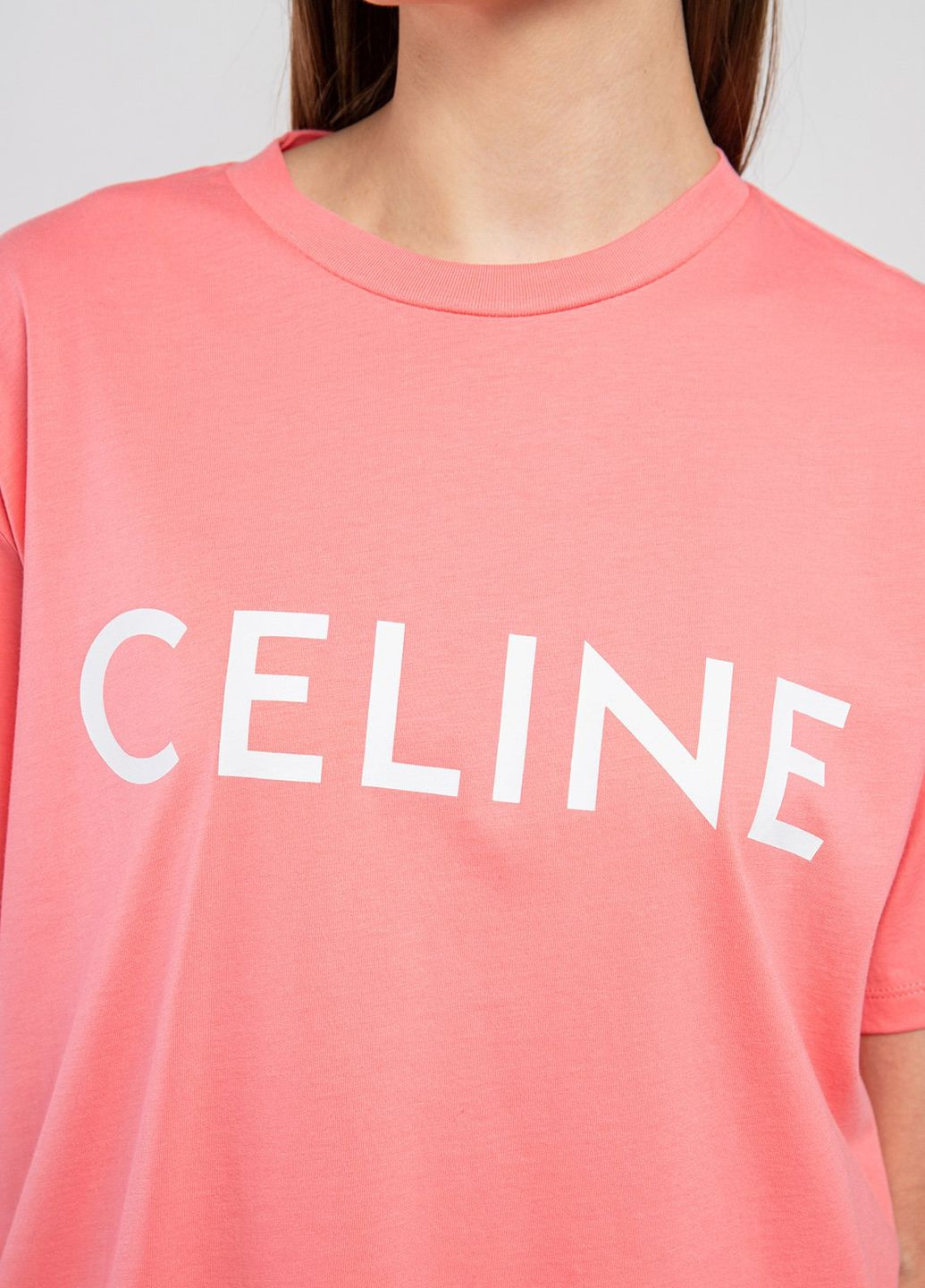 Розовая летняя белая футболка oversize с логотипом Celine