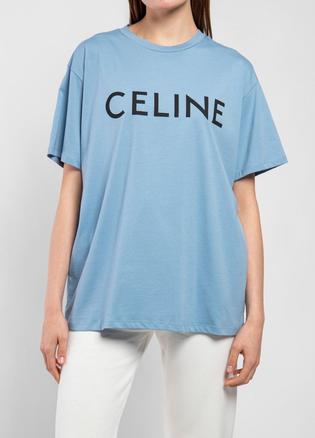 Голубая летняя белая футболка oversize с логотипом Celine