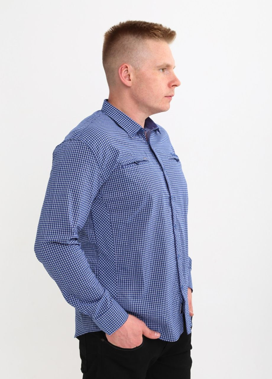 Сорочка чоловіча синя з білим у клітку тонка з довгим рукавом Bagarda приталенная (261029062)