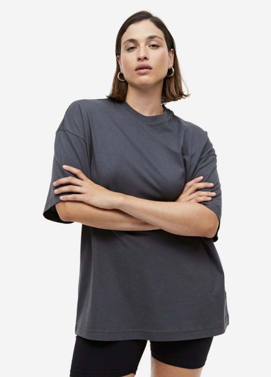 Темно-серая всесезон футболка оверсайз с коротким рукавом H&M
