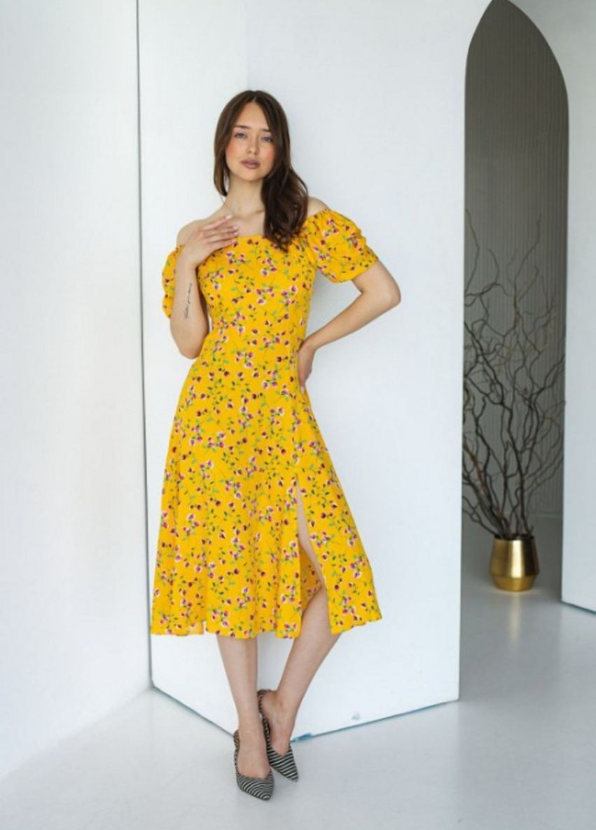 Желтое пляжное платье а-силуэт FashionYouWant с цветочным принтом
