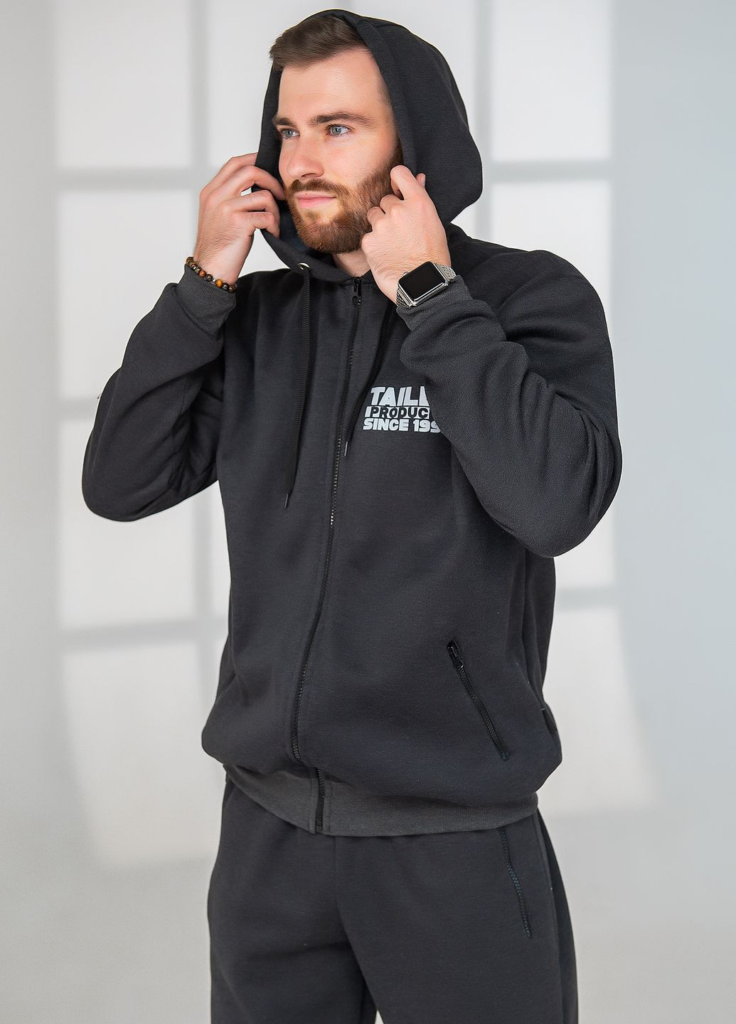 Серый демисезонный утепленный трикотажный спортивний костюм с капюшоном Tailer