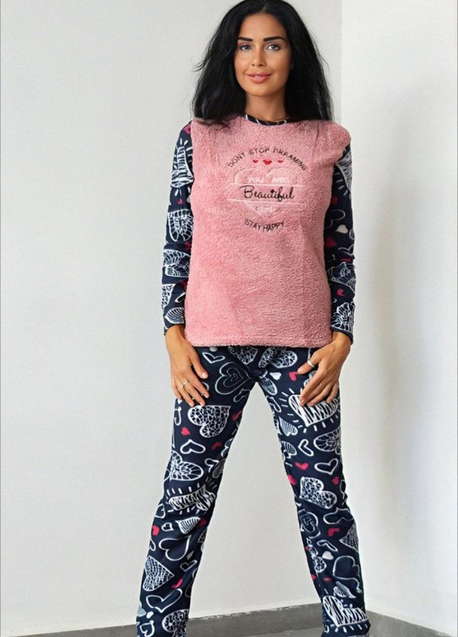 Комбінована зимня тепла зимова піжама велсофт фліс з махрою кофта + брюки Rinda Pijama