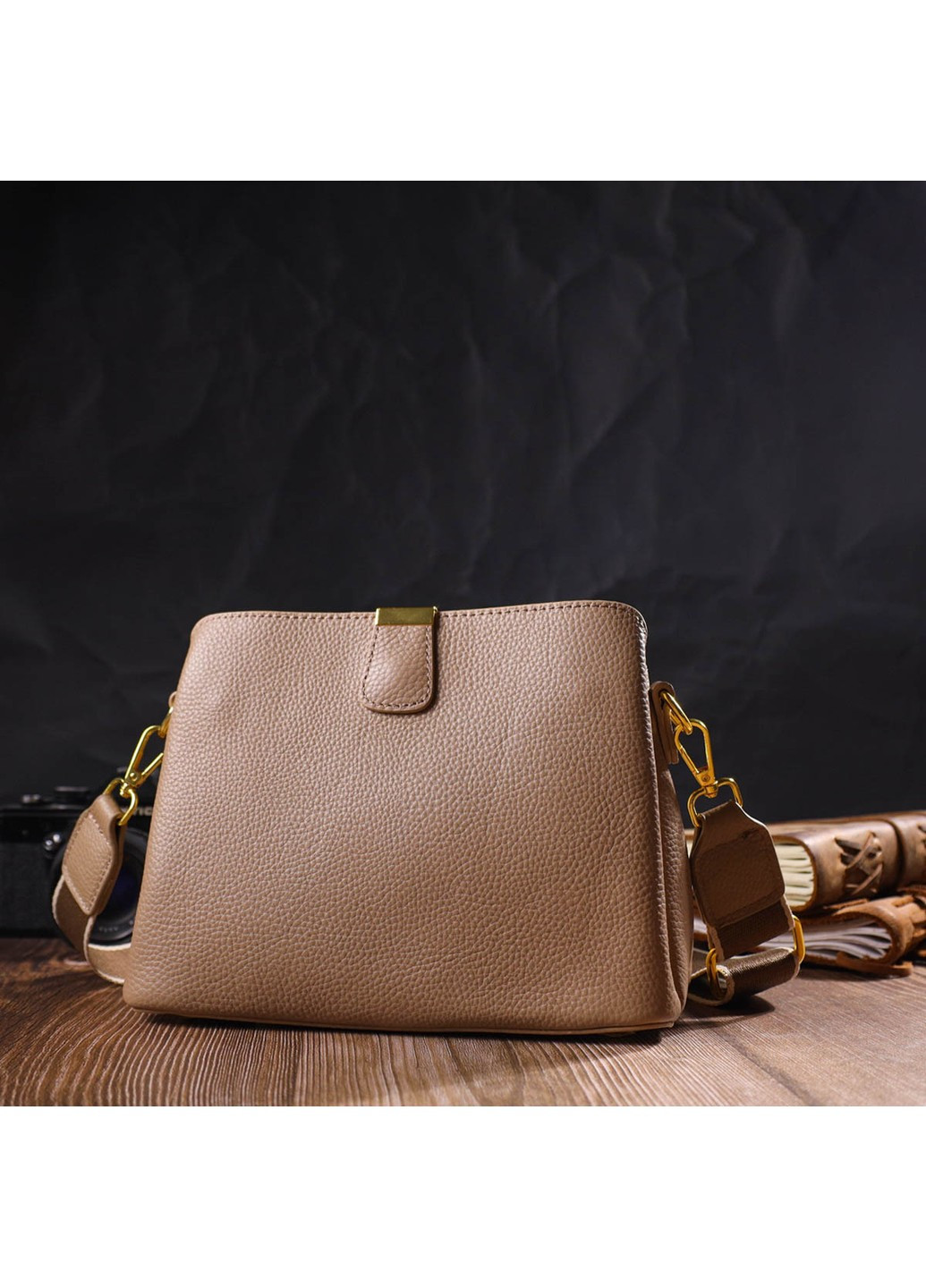 Женская модная сумка на три отделения из натуральной кожи 22106 Бежевая Vintage (260360872)