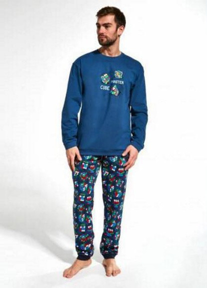 Пижама мужская брюки на манжетах и кофта с длиннм рукавом Синий с принтом CUBE MASTER 115-20-158 (С) Cornette (257043147)