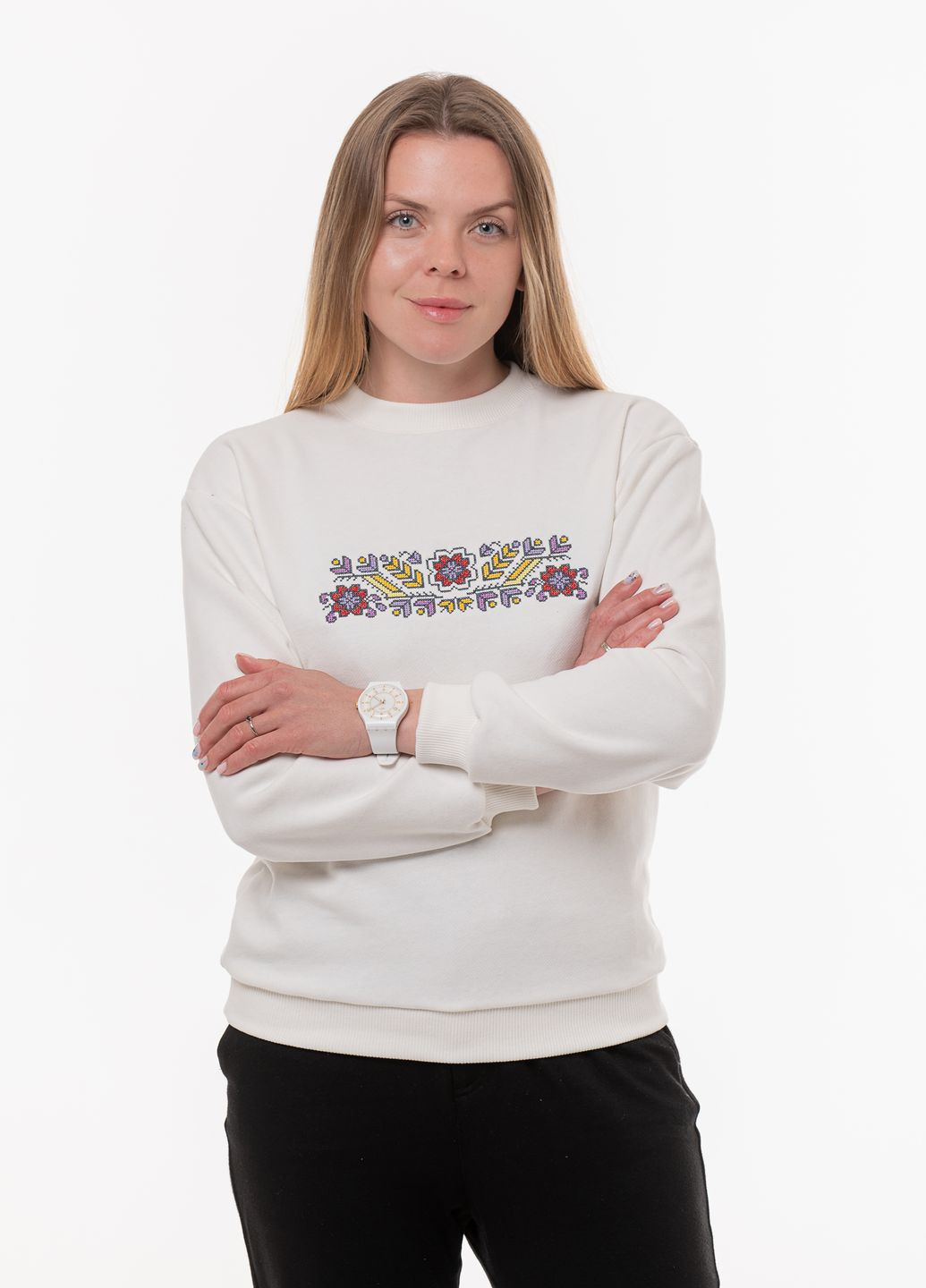 Жіночий світшот-вишиванка з вишивкою "Польова" VINCA - крій орнамент молочний повсякденний бавовна, трикотаж - (266699034)