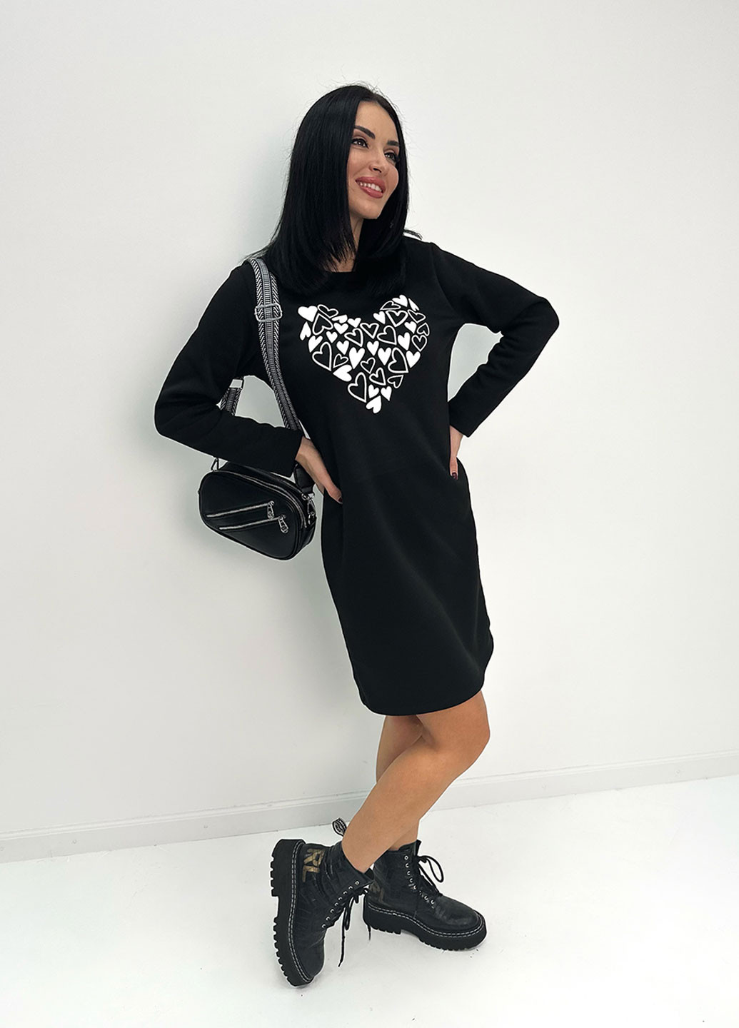 Черное спортивное, повседневный, кэжуал теплое платье с принтом Fashion Girl с рисунком