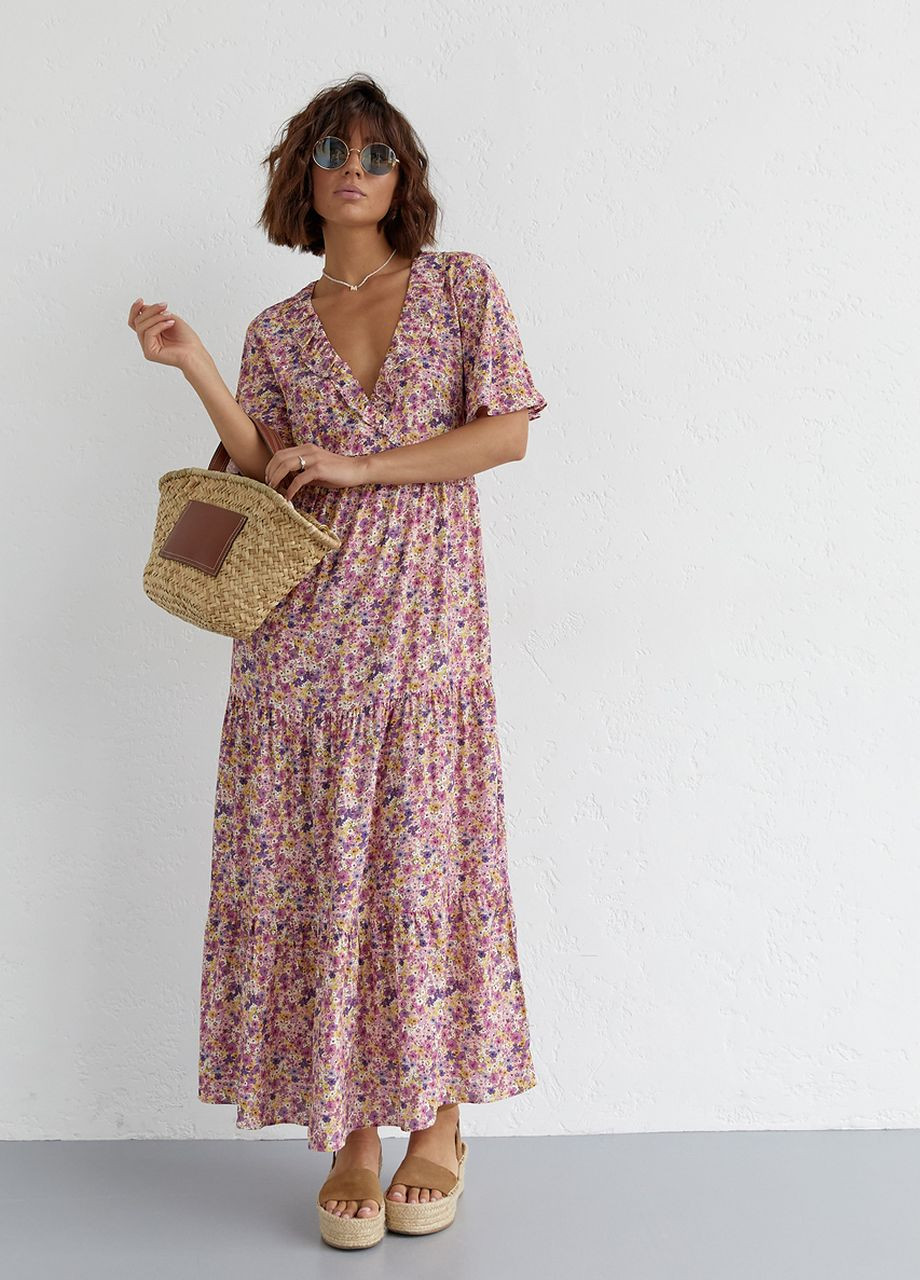 Лавандовое откровенный длинное платье с оборкой и цветочным принтом - лавандовый Lurex