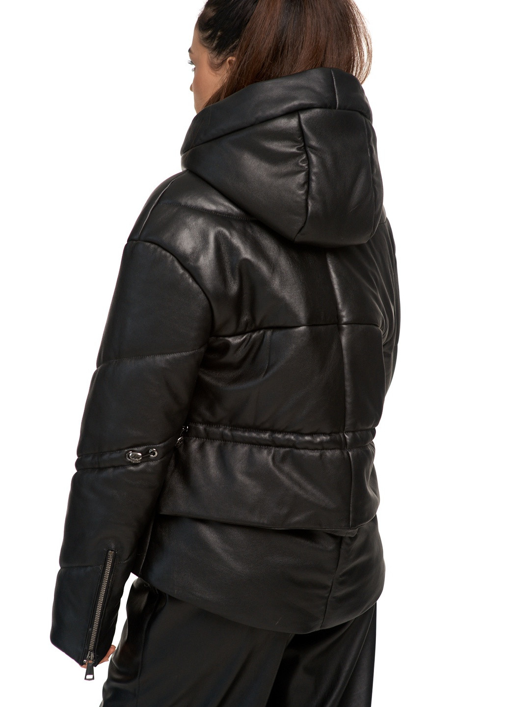 Черная демисезонная женская натуральная утепленная кожаная куртка пуховик с капюшоном весна осень зима fb-3 черная Actors
