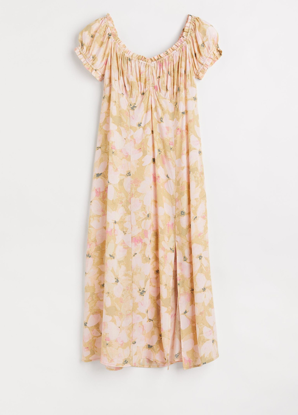 Бежевое повседневный цветочное платье + с рукавами-буфами. с открытыми плечами H&M с цветочным принтом