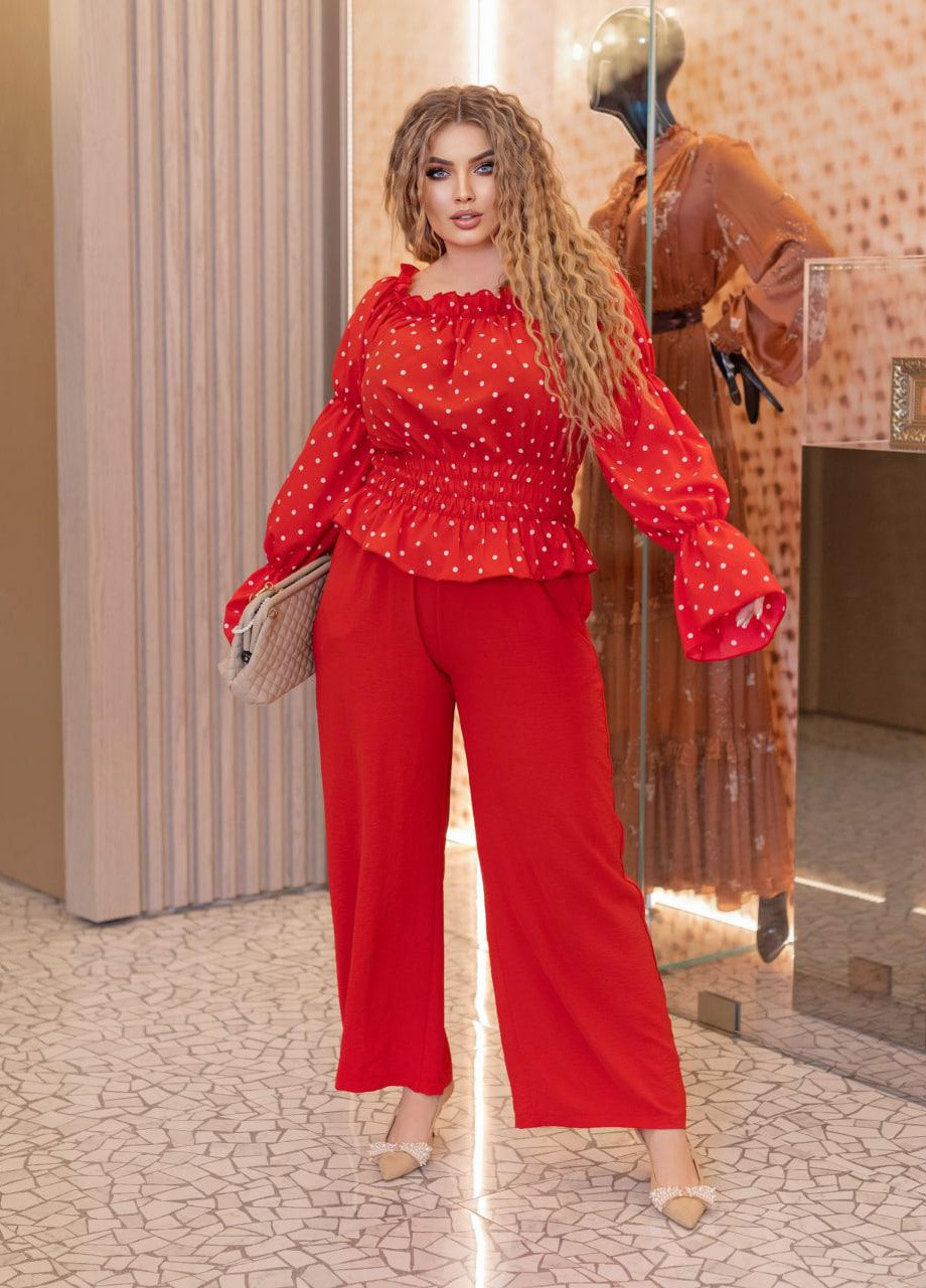 Жіночий костюм двійка червоний з кофтою в горох р.50/52 405375 New Trend (258685423)