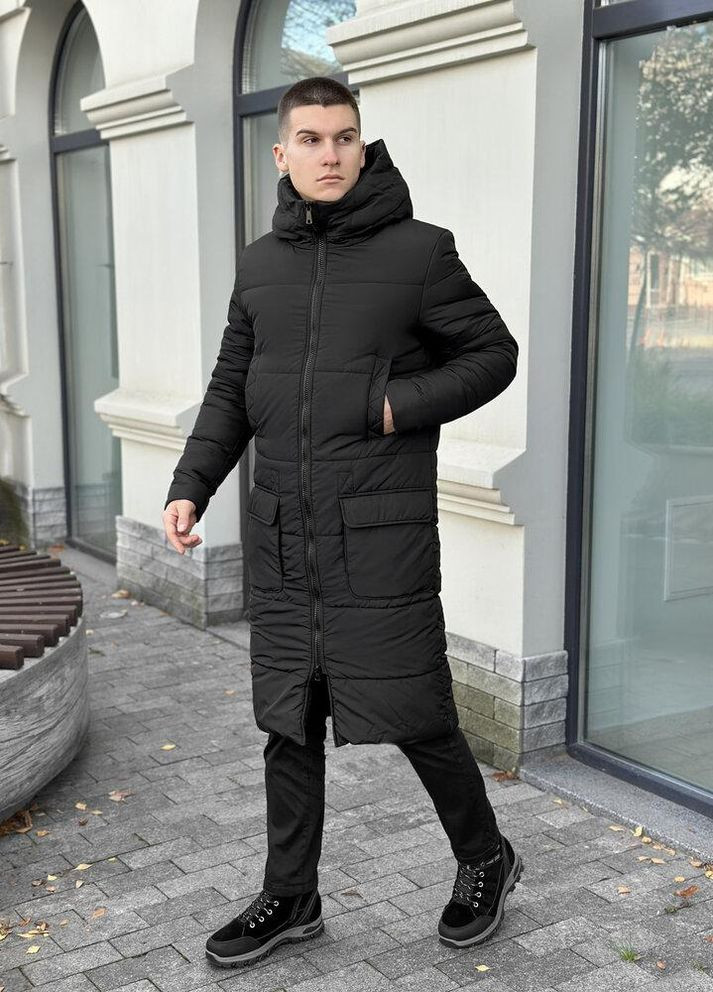 Черная зимняя очень теплая двухслойная длинная куртка Vakko