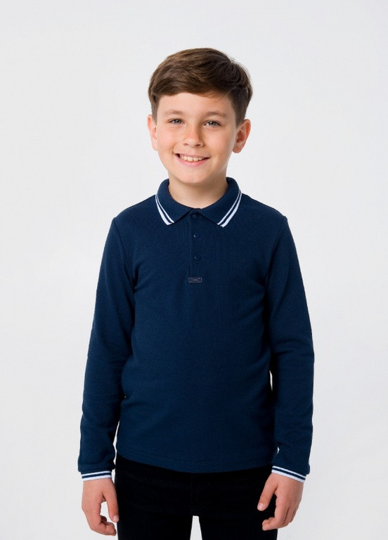 Синяя детская футболка-футболка-поло (длинный рукав) темно-синий для мальчика Smil