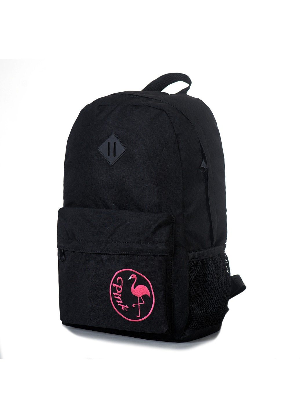 Міський повсякденний жіночий рюкзак чорного кольору з рожевим написом і фламінго No Brand (258591384)