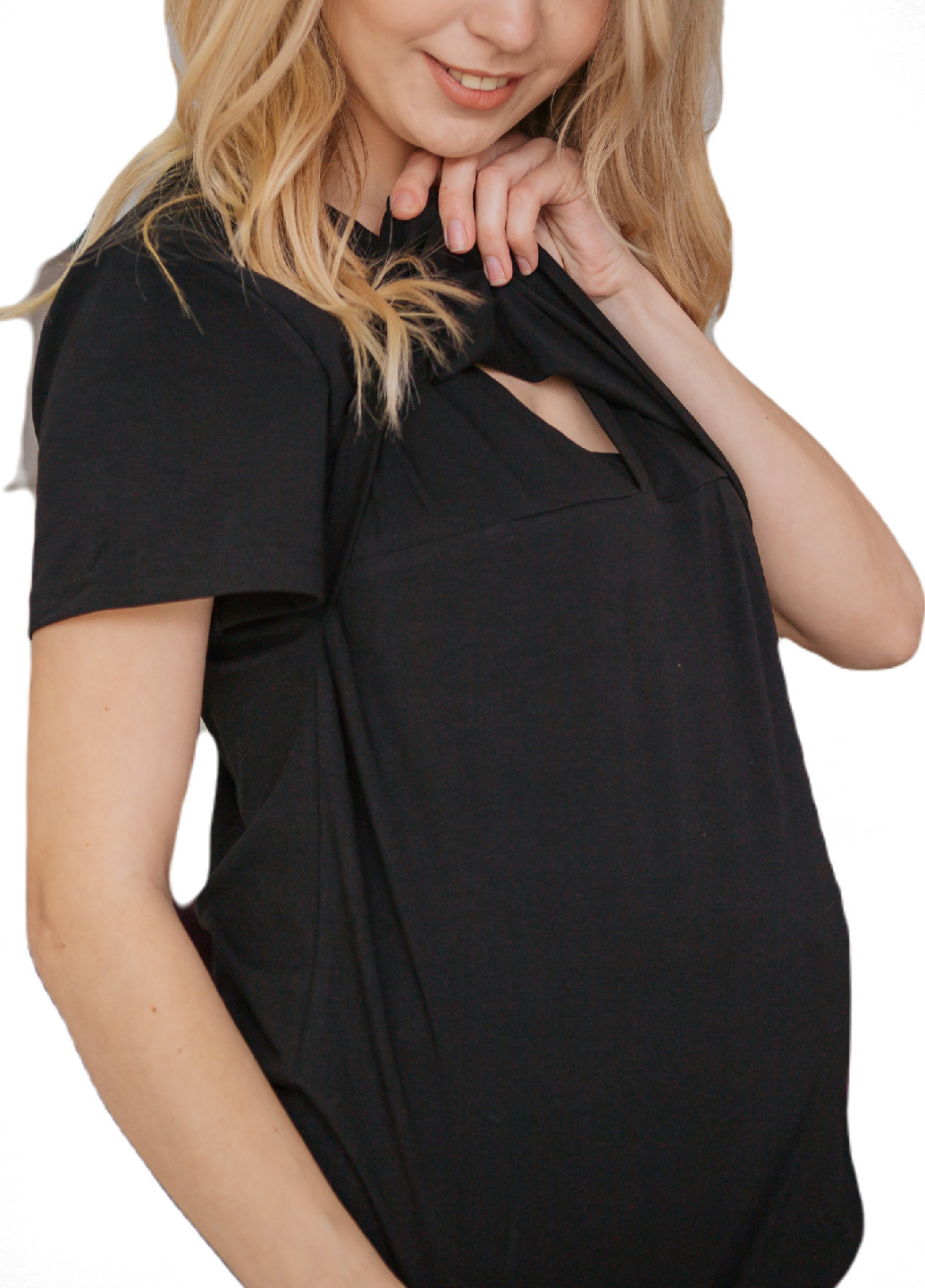 Чорна всесезон футболка для вагітних з секретом для годування з коротким рукавом HN