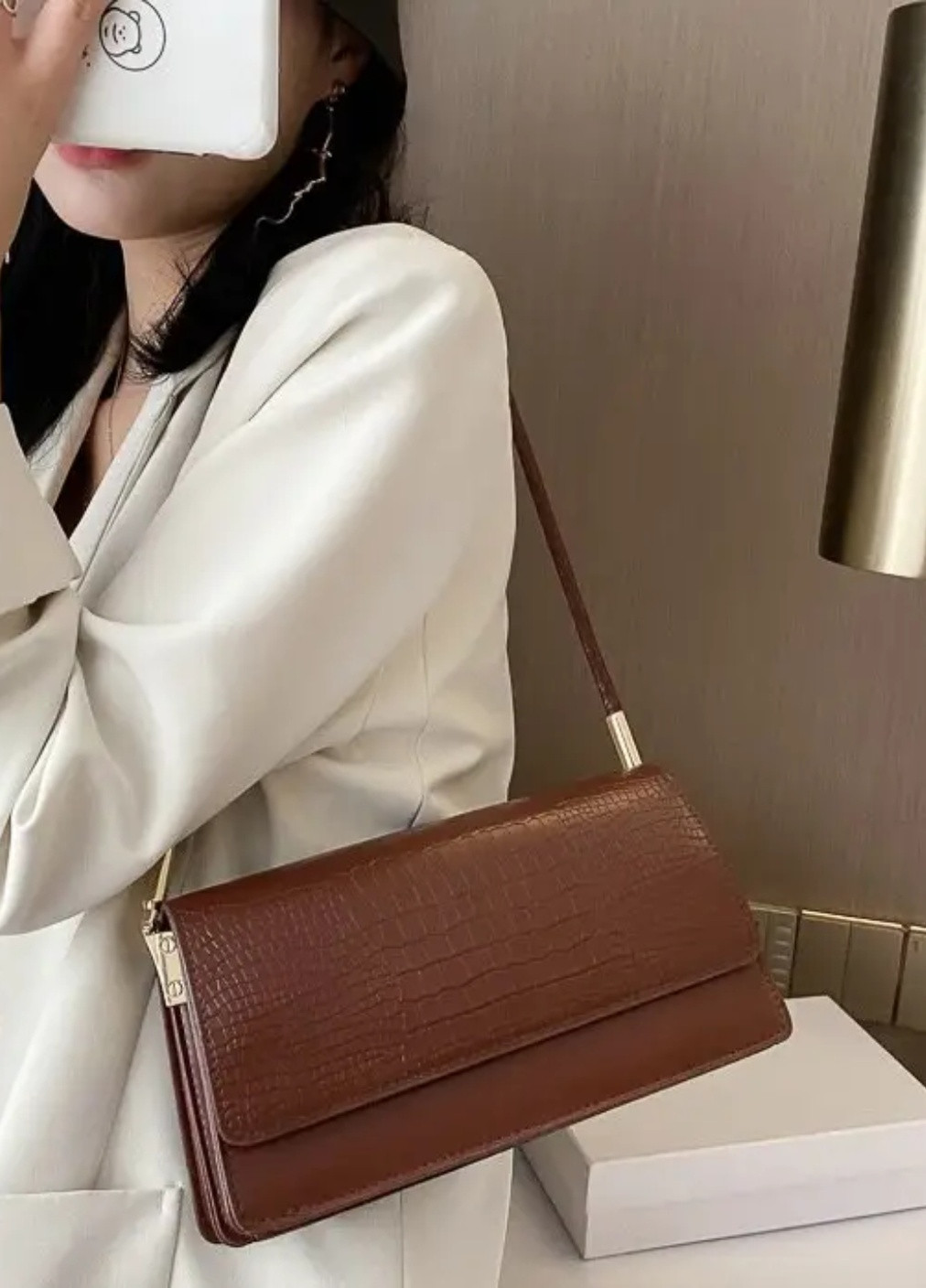 Жіноча класична сумка 5611 рептилія через плече клатч на короткій ручці багет коричнева бордова No Brand (256989676)