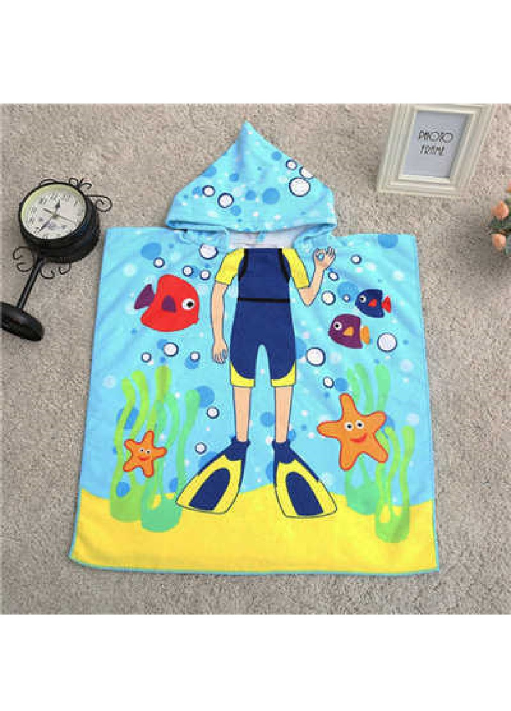 Unbranded дитячий пляжний рушник пончо з капюшоном мікрофібра для ванної басейну пляжу 60х60 см (474688-prob) плавець малюнок блакитний виробництво -