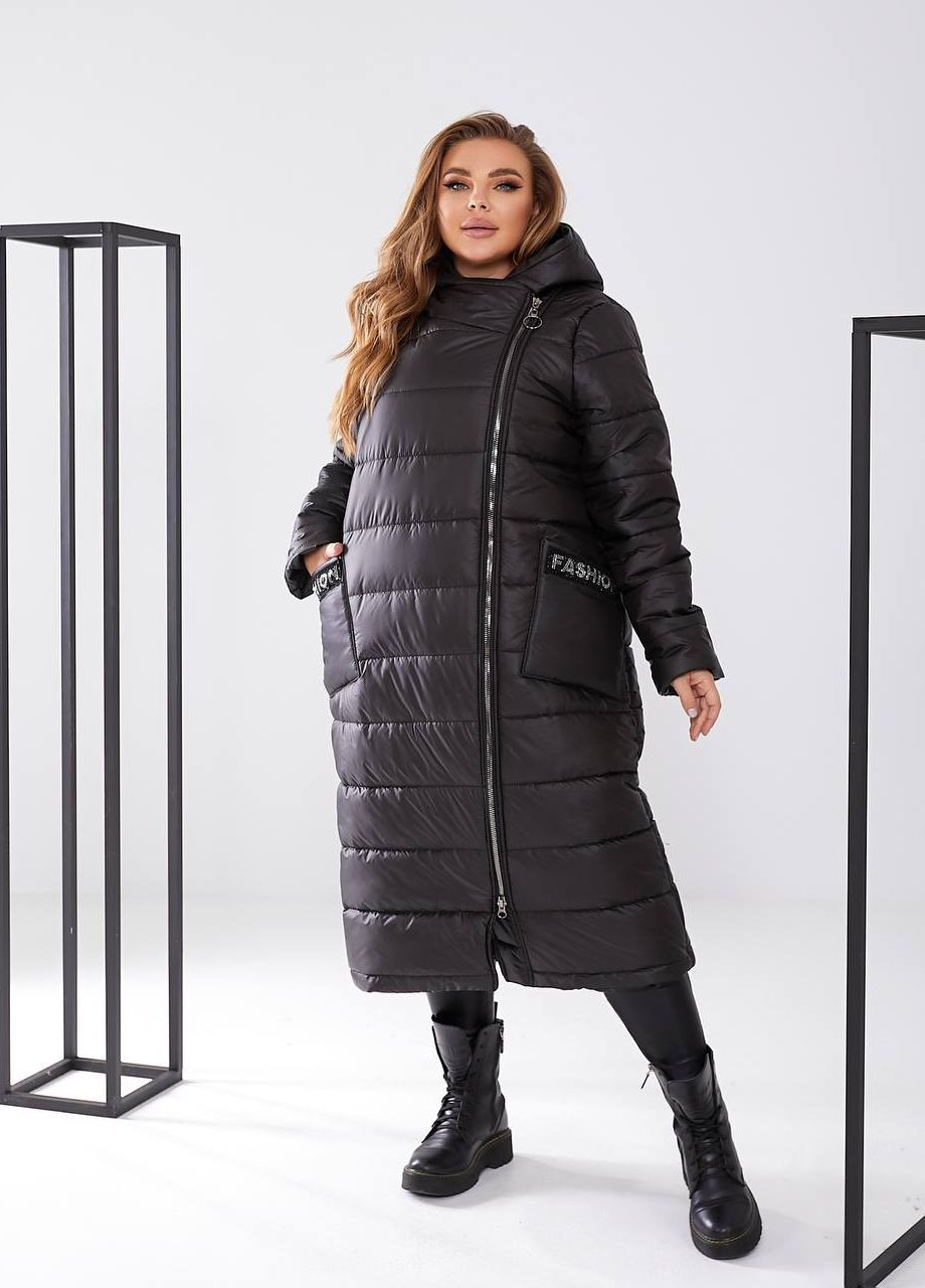 Чорна женская куртка-пальто из плащевки цвет чернй р.48/50 448424 New Trend