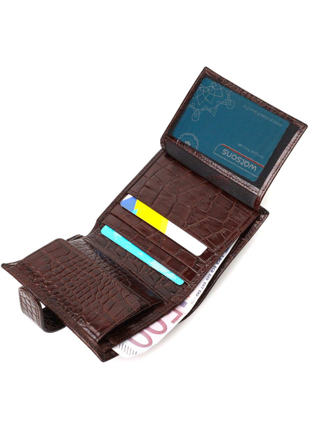 Фактурний чоловічий вертикальний гаманець із натуральної шкіри з тисненням під крокодила 22003 Коричневий Bond (262158738)