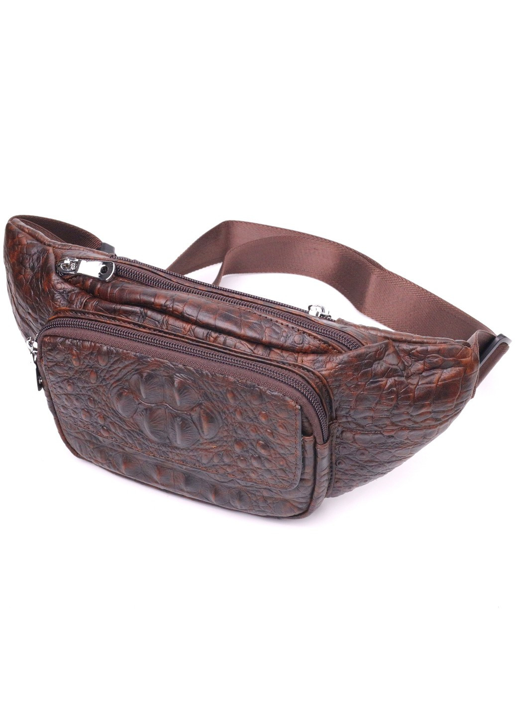 Модна поясна сумка з натуральної шкіри з фактурою під крокодила 21298 Коричнева Vintage (258267935)