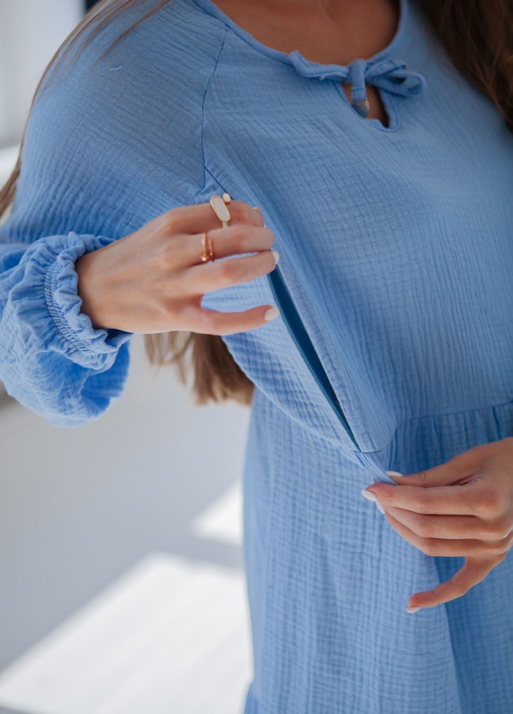Голубое платье для беременных и секретом для кормления HN однотонное