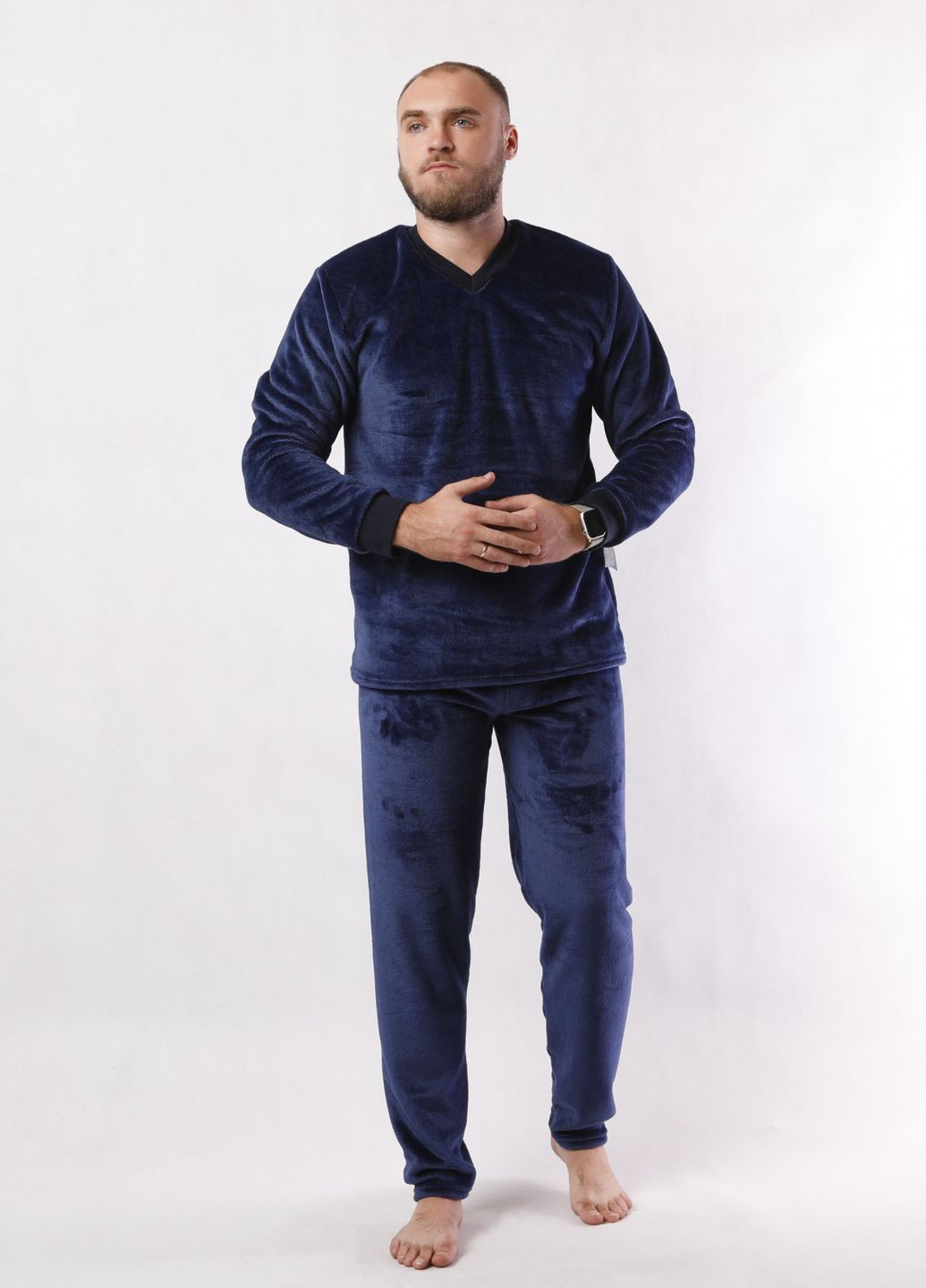 Пижама мужская махровая теплая синия, домашняя зимняя 44-60р. No Brand (266993414)