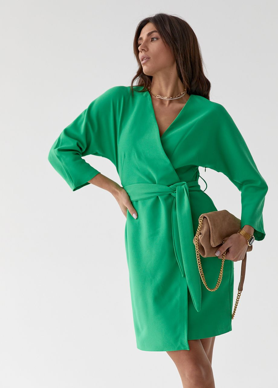 Зелена ділова сукня-кімоно на запах із поясом - зелений No Brand