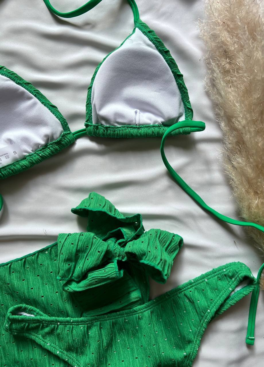 Зелений літній фактурний стильний купальник з настегновою повʼязкою спідничкою роздільний Vakko