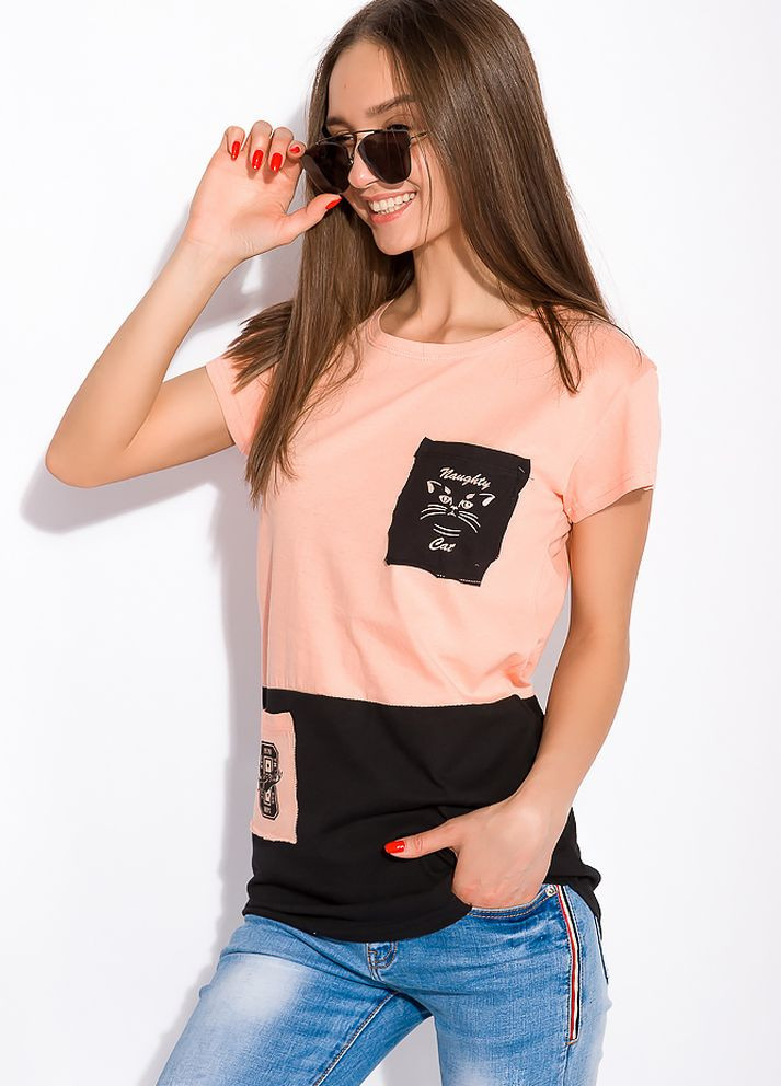 Персиковая летняя хлопковая футболка с принтом на кармане (персиковый) Time of Style